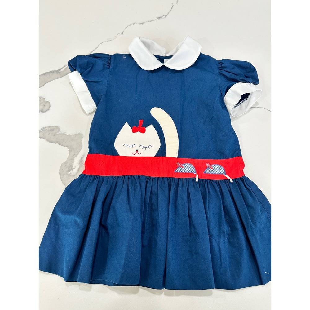 Jayne Copeland Vintage Girls Navy Blue Cat Mouse Applique Dress Size 3T
